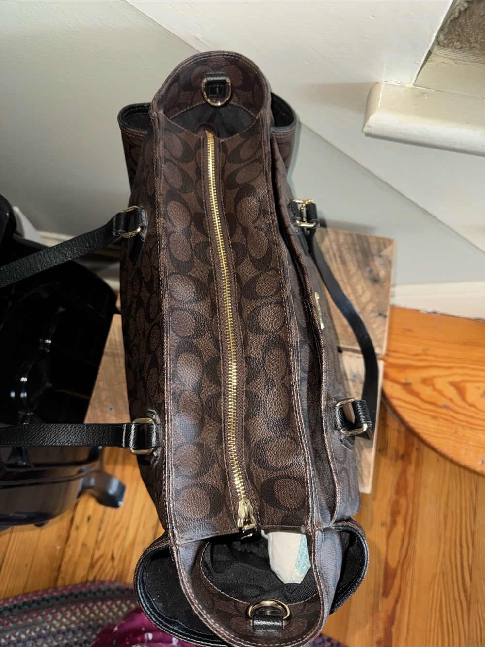 Coach F35414 Large Diaper Overnight Tote Travel Bag Coated Canvas Brown Black - Picture 5 of 12